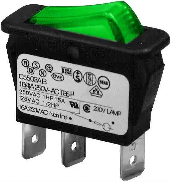 Prekidač, Wipp, crni, sa zelenom tinjalicom, High inrus, ON-OFF, SPST, 250V AC, 16A, 11x30mm — šifra 10090 | Kelco