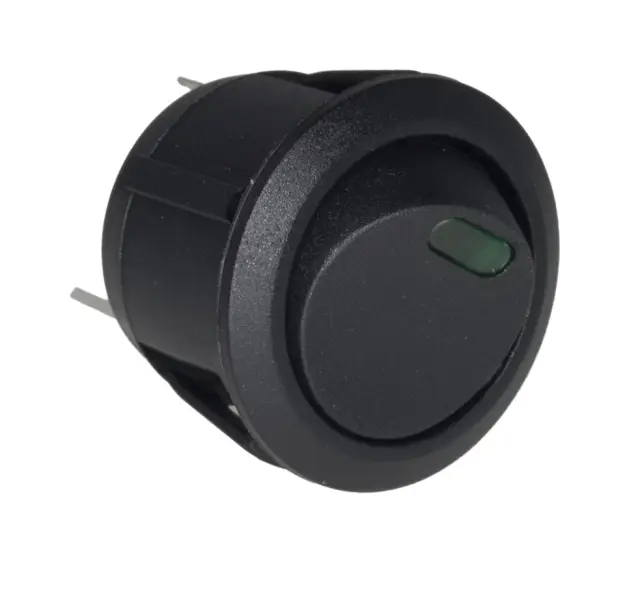 Prekidač, Wipp, okrugli, crni, sa zelenom LED, 10mA/1.85V, ON-OFF, SPST, 250V AC, 6A, Fi=20.2mm — šifra 11128 | Kelco