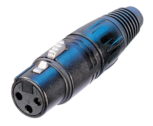 Ženski, XLR, Neutrik, 3-pin, za kabl, zlatni kontakti, crno kućište — šifra 11535 | Kelco