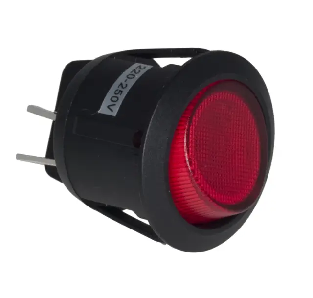 Prekidač, Wipp, okrugli, crni, crvena tinjalica, ON-OFF, DPST, 250V AC, 6A, Fi=20.2mm — šifra 11663 | Kelco