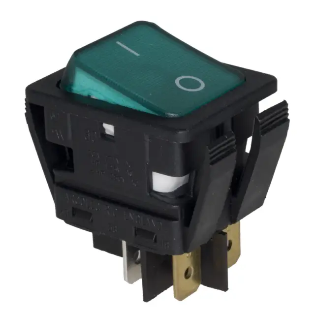 Prekidač, Wipp, crni, sa zelenom tinjalicom, ON-OFF, DPDT, 250V AC, 16A, 22x30mm — šifra 12995 | Kelco