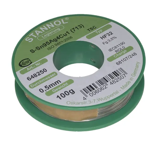 Tinol, bez olova, Stannol, HF32, Ecoloy, 3.5%, 0.5mm, 100 grama, Halide free flux — šifra 13032 | Kelco