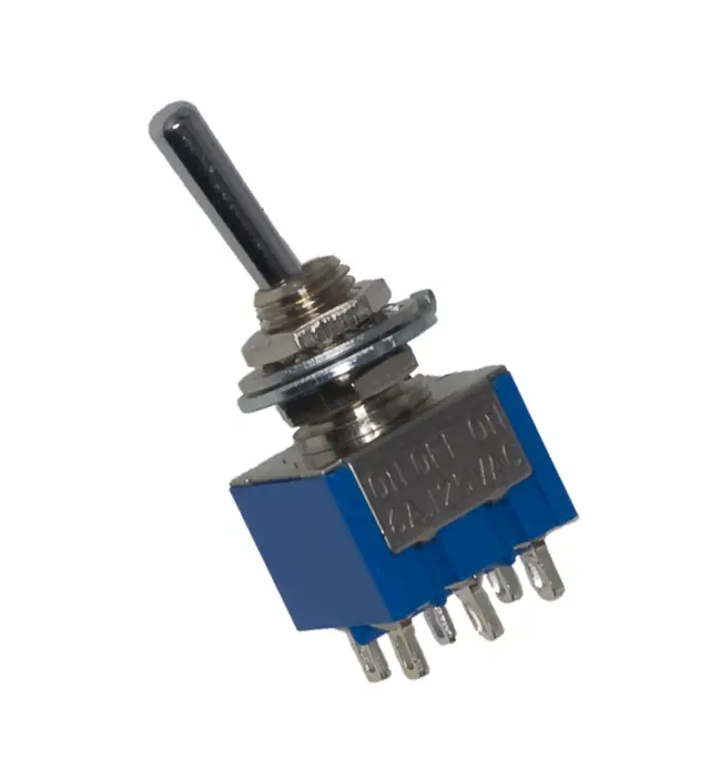 Prekidač sa ručicom, tri položaja, Miyama, Japan, ON-OFF-ON, DP3T, 125V AC, 6A, Fi=5.5mm — šifra 13229 | Kelco