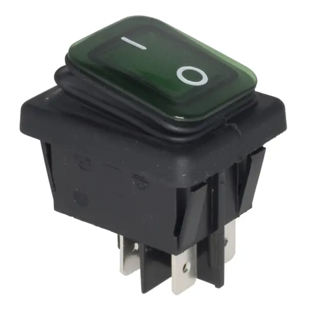 Prekidač, Wipp, crni, IP65, sa zelenom tinjalicom, ON-OFF, DPST, 250V AC, 16A, 22x30mm — šifra 13736 | Kelco