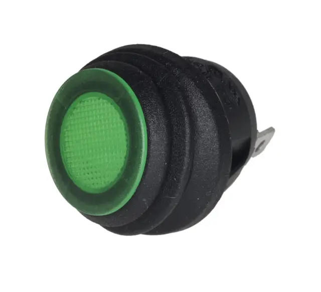 Prekidač, Wipp, okrugli, crni, IP65, zelena tinjalica, ON-OFF, SPST, 250V AC, 6A, Fi=20.2mm — šifra 14642 | Kelco