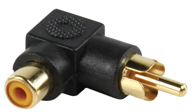 Adapter, ženski RCA (činč) na muški RCA (činč) pod uglom od 90°, crni — šifra 16028 | Kelco