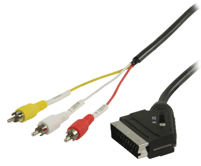 SCART muški na tri činča (RCA) muška, sa prekidačem ulaz/izlaz, 1 metar — šifra 18192 | Kelco