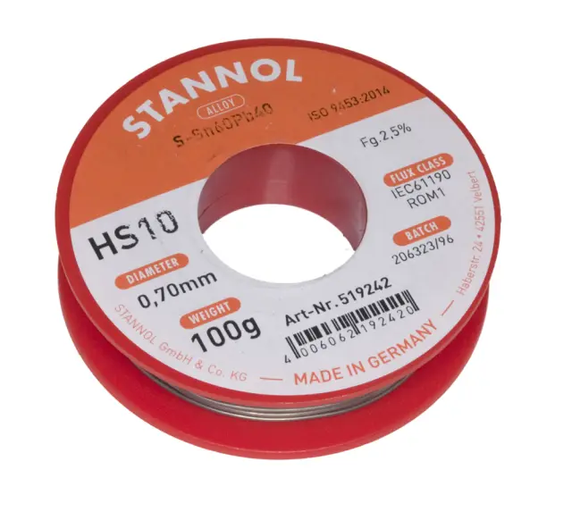 Tinol, sa olovom, 60/40, Stannol, HS10, 2.5% punioc, 0.7mm, 100 grama, Halide activated flux — šifra 18782 | Kelco