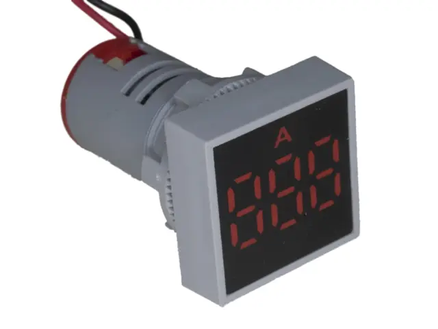 LED Ampermetar naizmenične struje, prečnik 22mm/29mm, 0-100A AC, crveni, četvrtasti — šifra 19209 | Kelco