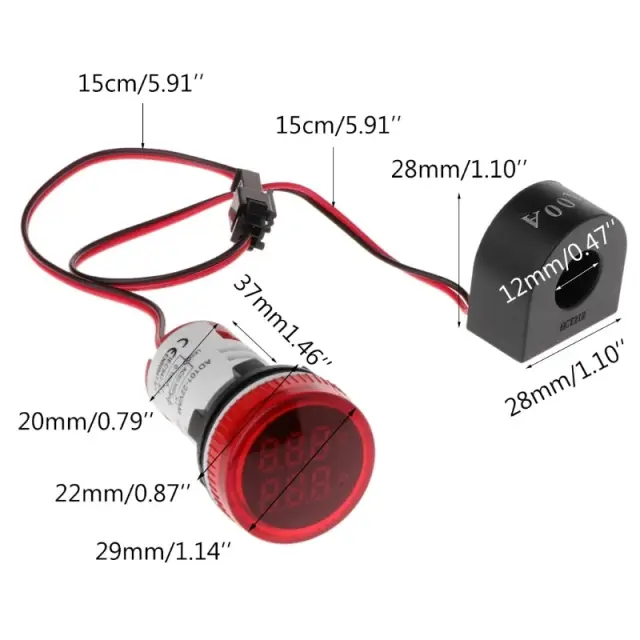 LED Ampermetar/Voltmetar, prečnik 22mm/29mm, 0-100A/50-500VAC, žuti — šifra 19414 | Kelco — slika 2