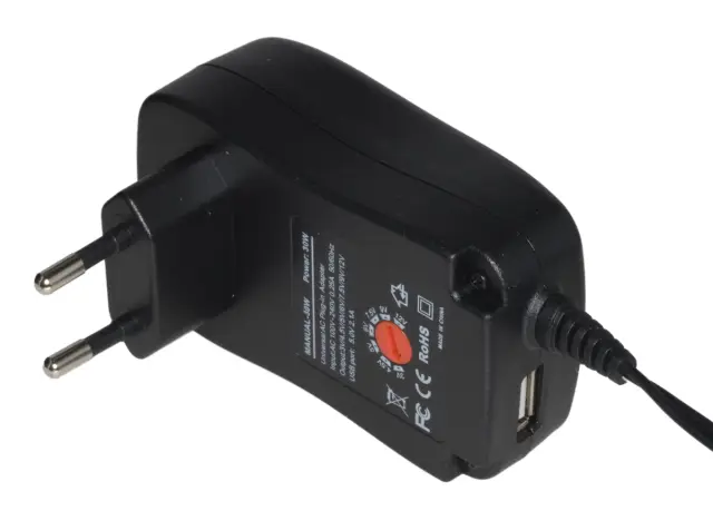Adapter, 100-240VAC na 3-4.5-5-6-7.5-9-12V DC, 30W, univerzalni, sa USB izlazom 5V/2.1A — šifra 19588 | Kelco