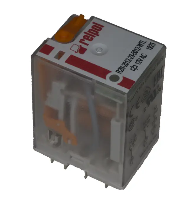 Relej, industrijski, 2 X ON/OFF, DPDT, 12A, 12V AC, 39.50Ω, LED signalizacija, Relpol — šifra 20315 | Kelco