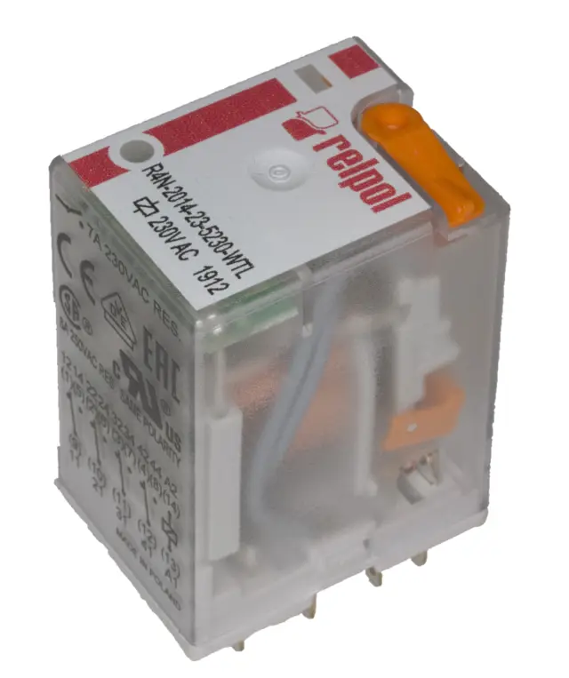 Relej, industrijski, 4 X ON/OFF, 4PDT, 7A, 230 VAC, 16.4kΩ, Relpol, R4N2014-23-5230-WT — šifra 20318 | Kelco
