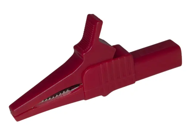 Krokodilka, bakarna, crvena, presvučena plastikom, 32A/1000V sa 4mm priključkom — šifra 21121 | Kelco
