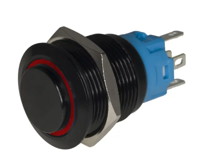 Taster, INOX, crno eloksirani, 1 X ON, 3A/250VAC, 19mm prečnik, crvena LED — šifra 22265 | Kelco