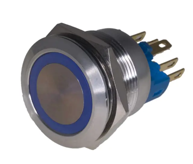 Taster, Inox, 22mm, 1 X ON/OFF, mirni i radni kontakt, 3A/250VAC, plava LED — šifra 22269 | Kelco