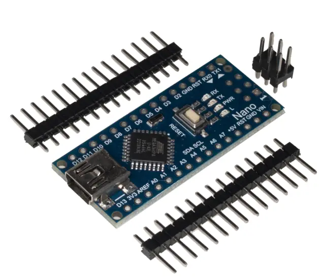 Arduino compatible Nano V3, ATmega168P/16MHz, CH340, Mini USB konektor, nezalemljena letvica — šifra 22813 | Kelco