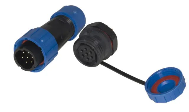 Konektor, SP16, muški za kabl sa štitnikom i ženski za ploču, 7-pina, 10A/500V AC — šifra 23042 | Kelco