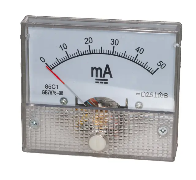 Indikator, analogni, HUA 85C1, 64x56x52mm, Klasa 2.5, miliampermetar, 50mA DC — šifra 23160 | Kelco