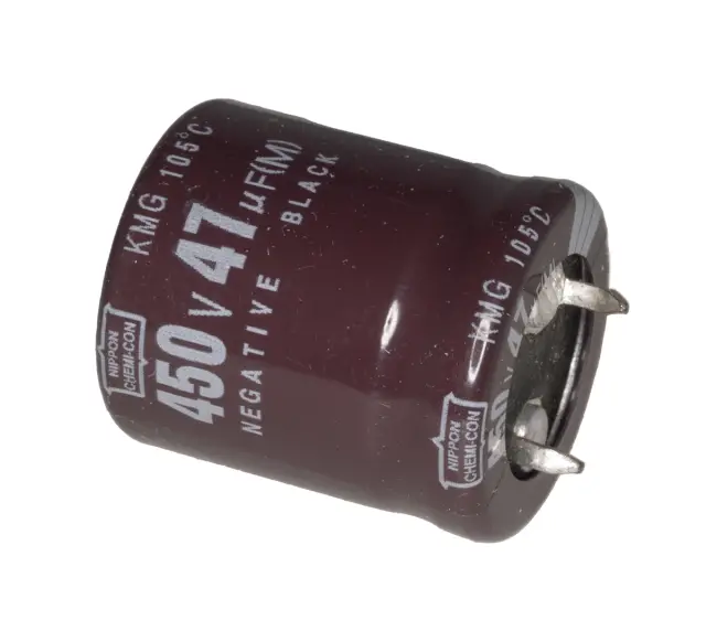 Elko, stojeći (RAD), 105°C, 47µF, 450V, 22X25mm, RM10, Nippon Chemi-Con — šifra 23895 | Kelco