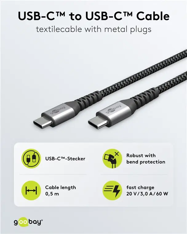 Kabl, USB, V2.0, USB-C muški na USB-C muški, za punjenje urećaja, 3A max, tekstilni omotač, 0.5 meta — šifra 24523 | Kelco — slika 2