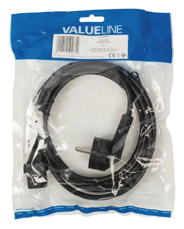 Kabl, H05VV-F0.75/3, EURO, mrežni, šuko muški ugaoni na C13 ravni, 2m, crni, VDE, 10A/250VAC — šifra 1414 | Kelco — slika 2