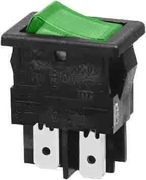 Prekidač, Wipp, crni, sa zelenom tinjalicom, High inrus, ON-OFF, DPST, 250V AC, 10A, 13x19mm — šifra 8979 | Kelco