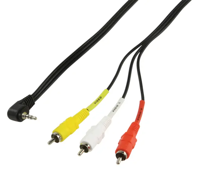 Kabl, Stereo 3.5mm pod uglom od 90° četvoropolni na 3 X RCA (za kamkordere), 1 metar — šifra 9524 | Kelco