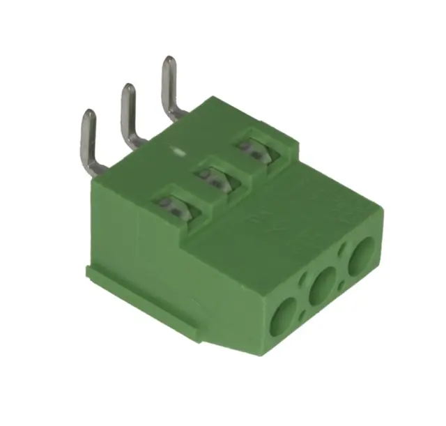 Redna stezaljka, 3-pol, 250V/25A, 4.0mm2, zelena, pod uglom od 90°, RM5 — šifra 9579 | Kelco