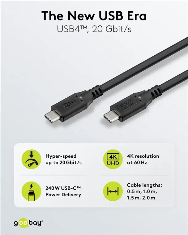 USB-C Cable, USB4?, 240 W, 20 Gbit/s, Power Delivery, 1 m, 1 m, black, Cable Tag - USB- C — šifra 24292 | Kelco — slika 2