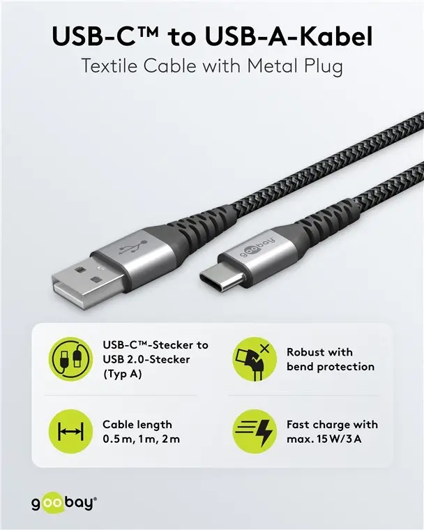 Kabl, USB, V2.0, A muški na USB-C muški, za punjenje urećaja, 3A max, tekstilni omotač, 1 metar — šifra 24520 | Kelco — slika 2