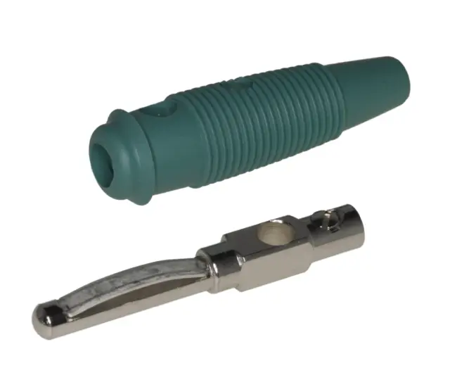 Banana VQ20, 4mm, Hirschman, zelena, 16A/60V DC, sa metalnom oprugom, pričvršćenje provodnika na vij — šifra 21231 | Kelco
