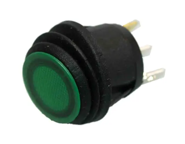Prekidač, Wipp, okrugli, crni, IP65, zelena LED, 10mA/1.85V, ON-OFF, SPST, 250V AC, 6A, Fi=20.2mm — šifra 14662 | Kelco